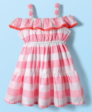 Babyhug Rayon Woven Cold Shoulder Sleeves Striped Frock - Pink & White