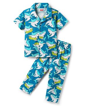 Babyhug Cotton Knit Half Sleeves Co-ords Night Suit With Shark Print - Teal Blue