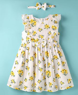 Babyhug Cotton Woven Sleeveless Floral Printed Frock With Bow Applique & Headband - White