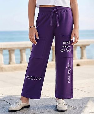 Pine Kids 100% Cotton Full Length Track Pant With Front Pockets & Text Print - Violet