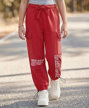 Pine Kids Cotton Knit Full Length Lounge Pant with Typography Print - Red