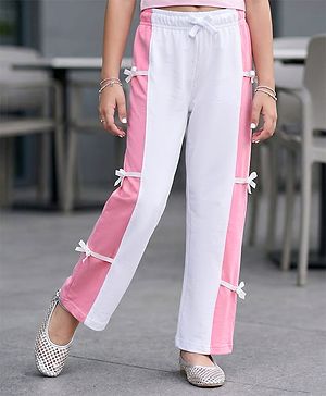 Pine Kids Cotton Knit Full Length Lounge Pant With Cut & Sew Design & Bow Applique - White & Pink