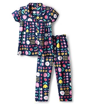 Babyhug Cotton Knit Half Sleeves Co-ords Night Suit with Floral Print - Navy Blue