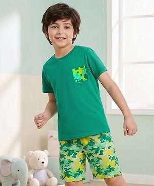 Pine Kids Single Jersey Knit Half Sleeves Shorts Night Suit With Abstract Print - Green