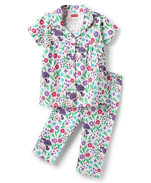 Babyhug Cotton Knit Front Open Half Sleeves Co-ords Night Suit With Unicorn & Floral Print - White