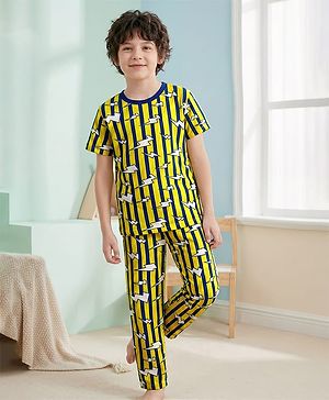 Pine Kids Single Jersey Knit Half Sleeves Co-Ord Night Suit with Stripes - Yellow