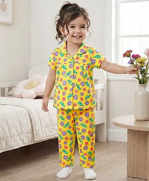 Babyhug Cotton Knit Half Sleeves Co-ords Night Suit with Floral Print - Yellow
