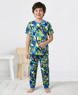 Pine Kids Single Jersey Knit Half Sleeves Co-Ord Night Suit with Im Free Text Print - Green & Blue