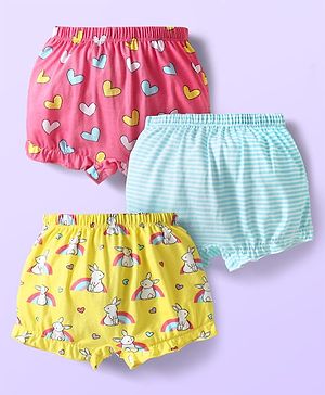 Babyhug 100% Cotton Bloomers With Stripes & Animal Prints Pack Of 3 - Dark Pink Yellow & Light Blue