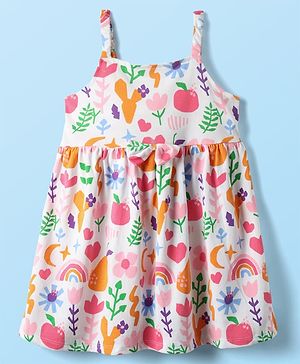 Babyhug Single Jersey Knit Sleeveless Frock With Floral & Fruit Print & Bow Applique - White