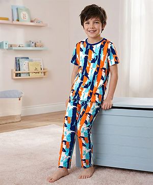 Pine Kids Single Jersey Knit Half Sleeves Co-ords Night Suit With Fish Print - Multicolour