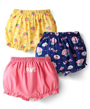 Babyhug 100% Cotton Knit Bloomers with Love & Cup Cake Print Pack of 3 - Pink & Navy Blue