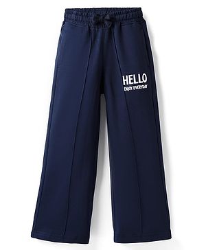 Pine Kids Cotton Knit Full Length Track Pants with Hello Print - Navy Blue