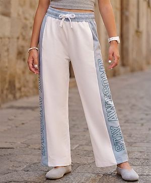 Pine Kids Cotton Knit Full Length Track Pant with Text Print - White