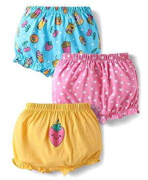 Babyhug 100% Cotton Single Jersey Knit Bloomers With Heart & Tropical Theme Print Pack Of 3 - Yellow Pink & Light Blue