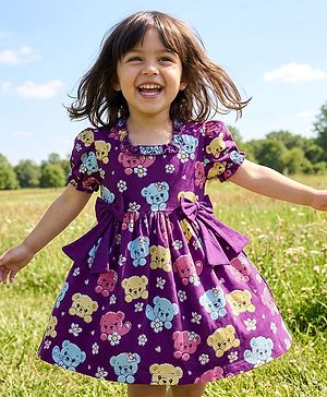 Babyhug Single Jersey Knit Half Sleeves Frock With Teddy Bear Print & Bow Applique - Violet