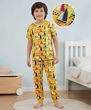 Pine Kids Single Jersey Knit Half Sleeves Co-Ord Night Suit with Boat Print - Yellow