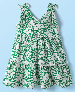Babyhug Single Jersey Knit Sleeveless Frock With Floral Print & Bow Applique - Green