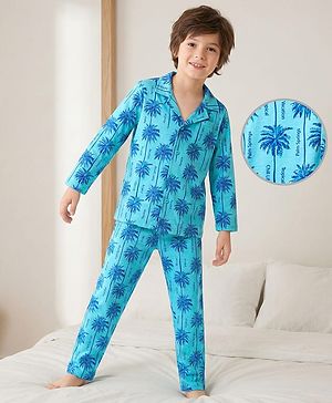 Pine Kids Single Jersey Knit Full Sleeves Co-ords Night suit With Tropical Theme Print - Light Blue