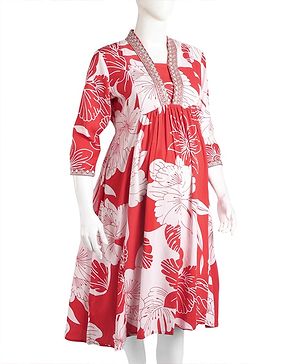 Bella Mama Viscose Woven Three Fourth Sleeves Maternity Dress with Floral Print - Red