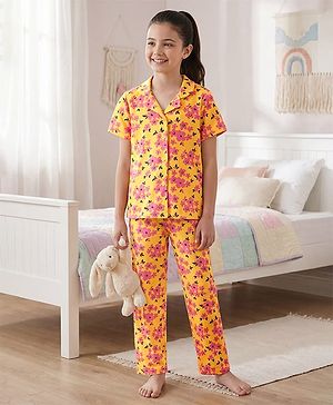 Pine Kids Single Jersey Knit Half Sleeves Co-Ord Night Suit With Floral Print - Gold