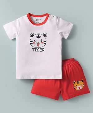 Bodycare Cotton Knit Half Sleeves T-Shirt & Shorts Set With Tiger Print - White & Red