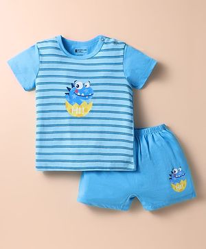 Bodycare Cotton Knit Half Sleeves T-Shirt & Shorts Set with Stripes & Dino Print - Blue