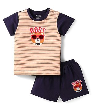 Bodycare Cotton Knit Half Sleeves T-Shirt & Shorts Set With Animal Print - Peach & Navy Blue
