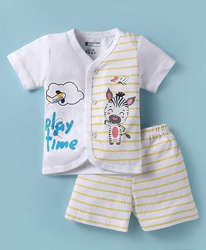 Bodycare Cotton Knit Half Sleeves Front Open T-Shirt & Shorts Set With Zebra Print - Off White