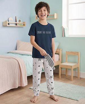 Pine Kids Single Jersey Knit Half Sleeves Night Wear With Text & Star Print - Navy Blue & Grey