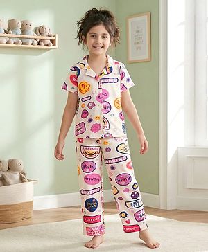 Pine Kids Single Jersey Knit Half Sleeves Co-Ord Night Suit with Whimsical Print - Offwhite & Pink