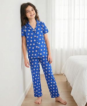Pine Kids Single Jersey Knit Half Sleeves Co-Ord Night Suit With Floral Print - Blue