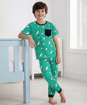 Pine Kids Single Jersey Knit Half Sleeves Co-ords Night Suit With Rocket Print - Green