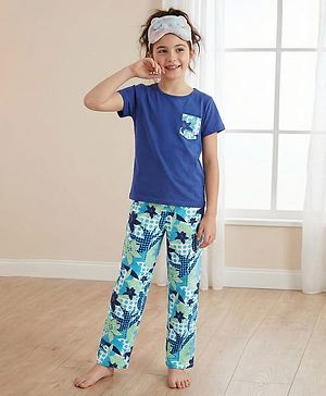 Pine Kids Single Jersey Knit Half Sleeves Night Suit with Floral Print - Navy Blue