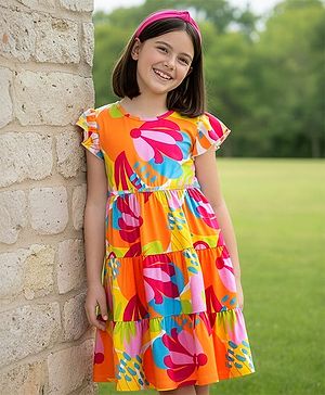 Pine Kids Cotton Knit Half Sleeves Frock With Floral Print - Multicolor