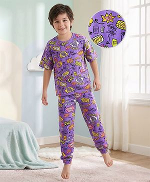 Pine Kids Single Jersey Knit Half Sleeves Co-ord Night Suit  with Chill & Relax Text Print - Purple