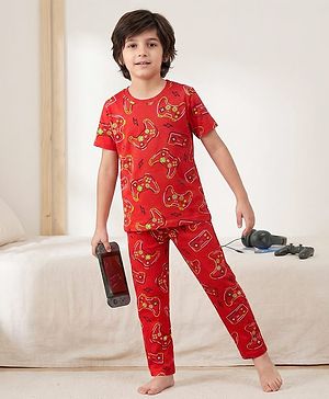 Pine Kids Single Jersey Knit Half Sleeves Night Suit  Co-ord  with Gaming Text Print - Red