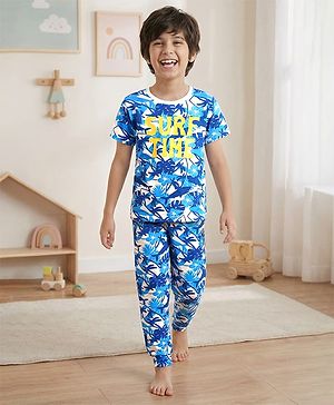 Pine Kids Single Jersey Knit Half Sleeves Co-ords Night Suit With Beach Theme Print - Light Blue