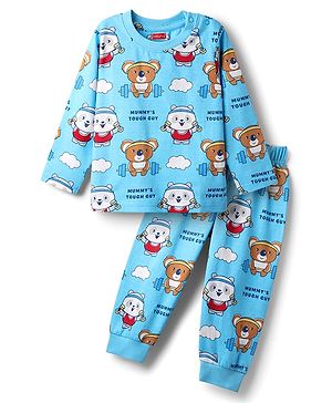 Babyhug Cotton Knit Full Sleeves Co-Ord Night Suit With Animal Print - Blue