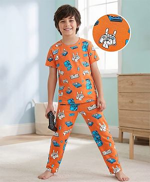 Pine Kids Single Jersey Knit Half Sleeves Co-ords Night Suit With Game Print - Orange