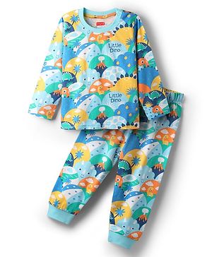 Babyhug Cotton Knit Full Sleeves Co-Ord Night Suit With Dino Print - Multicolor