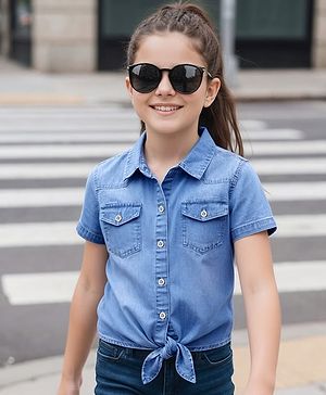 Pine Kids Cotton Woven Half Sleeves Solid Color Knotted Top - Light Blue