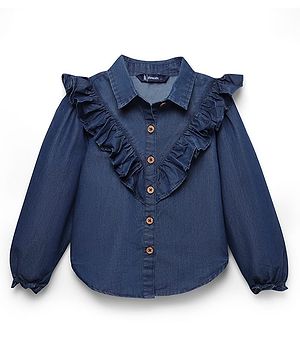 Pine Kids Cotton Woven Full Sleeves Solid Color Collared Top with Frill Detailing - Navy Blue