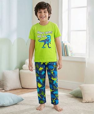 Pine Kids Single Jersey Knit Half Sleeves Night Suit With Dino Print - Lime Green & Navy Blue