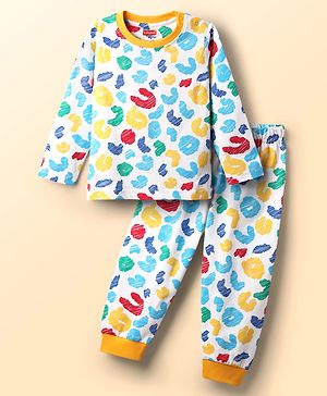 Babyhug Cotton Knit Full Sleeves Printed Co-Ord Night Suit - White