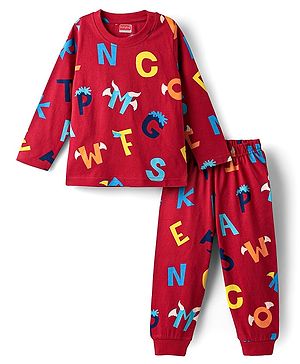 Babyhug Cotton Knit Full Sleeves Co-Ord Night Suit With Alphabet Print - Red