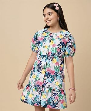 Pine Kids Cotton Woven Half Sleeves Frock With Floral Print - Multicolor