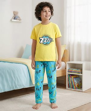 Pine Kids Single Jersey Knit Half Sleeves Co-Ord Night Suit with Text Zzzzz Text Print - Yellow & Light Blue