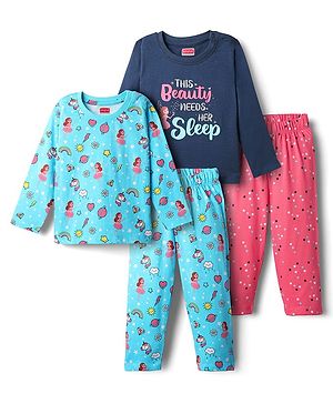 Babyhug Cotton Knit Full Sleeves Co-Ord Night Suits With Fairy Print Pack of 2 - Multicolor