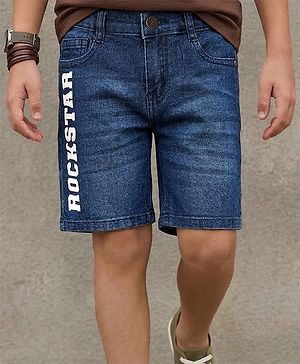 Pine Kids Denim Woven Above Knee Length Washed Shorts With Text Prints - Navy Blue